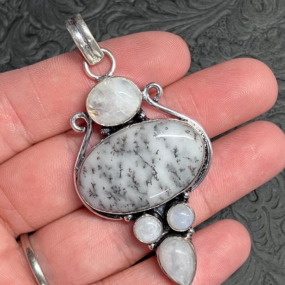 Dendritic Opal Rainbow Moonstone Pendant Crystal Stone Jewelry - Picture 4 of 9